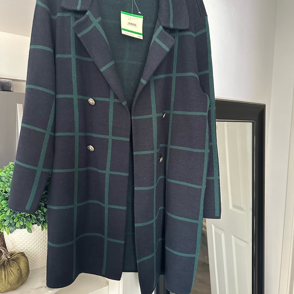 Anne Klein Navy and Green Checkered Pea Coat